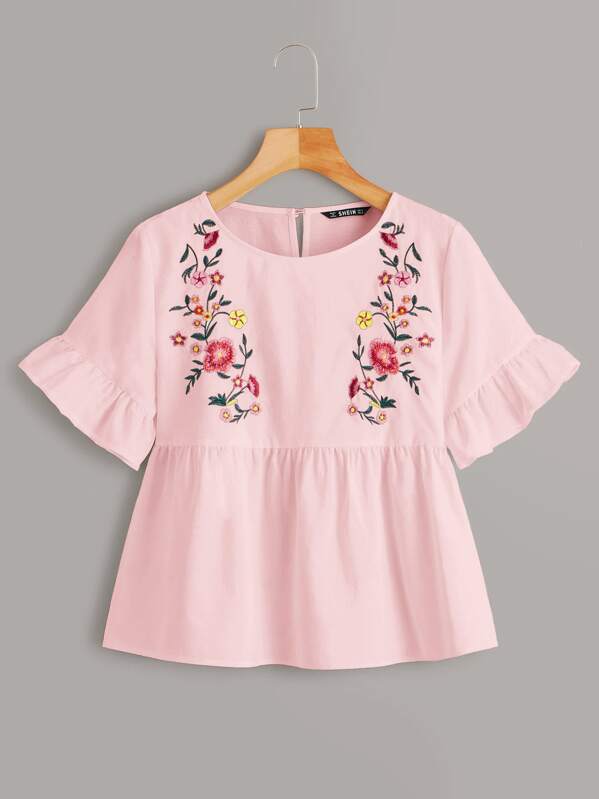 

Embroidery Floral Ruffle Cuff Peplum Top, Pink