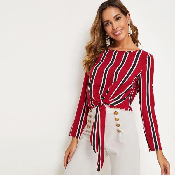 

Tie Hem Striped Top, Red bright