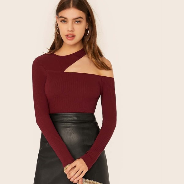

Asymmetrical Neck Rib-knit Fitted Bodysuit