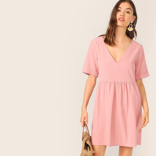 

V-neck Rolled Cuff Solid Dress, Pink pastel