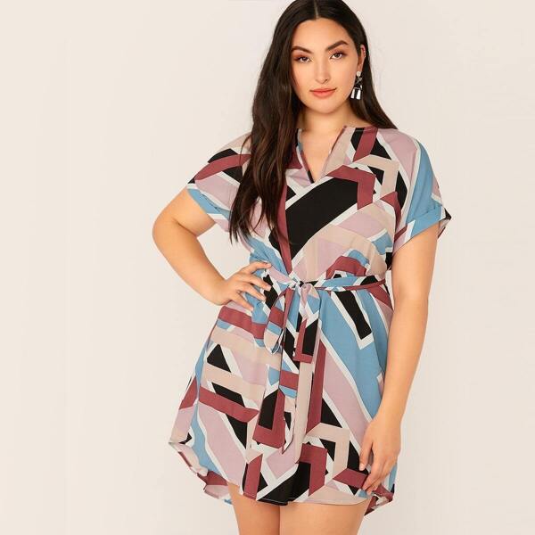 

Plus V-cut Neck Cuffed Sleeve High-low Hem Belted Dress