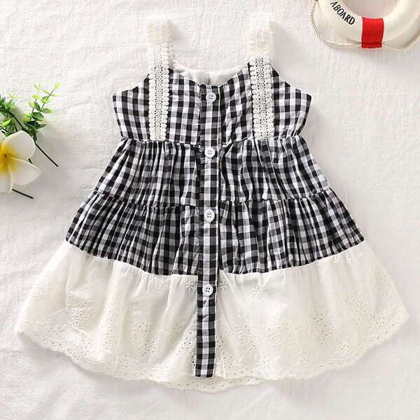 

Baby Girl Gingham Contrast Eyelet Embroidery Slip Dress