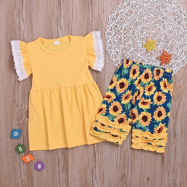 

Toddler Girls Crochet Panel Ruffle Hem Top With Sunflower Print Pants, Multicolor