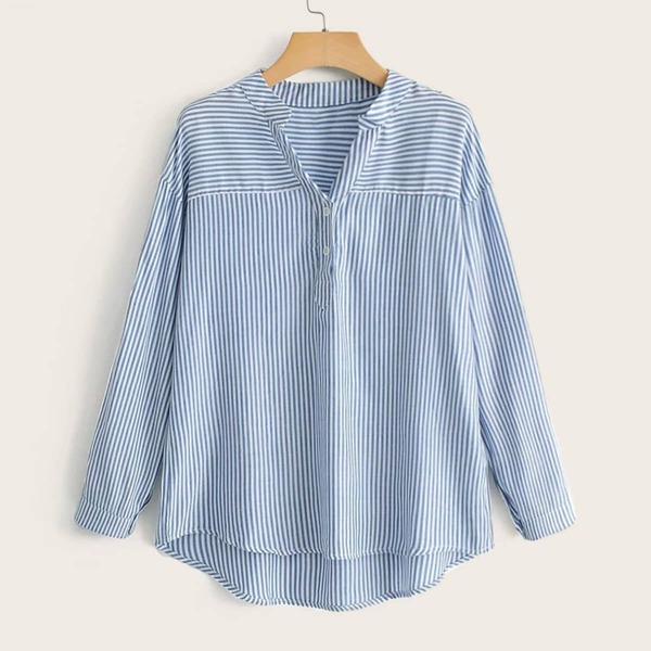

Striped Notched Neck Dip Hem Blouse