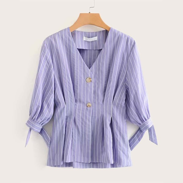 

Vertical-striped V-neck Knot Cuff Peplum Blouse