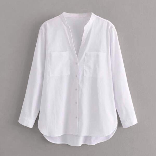 

Dual Pockets Notched Neck Dip Hem Blouse