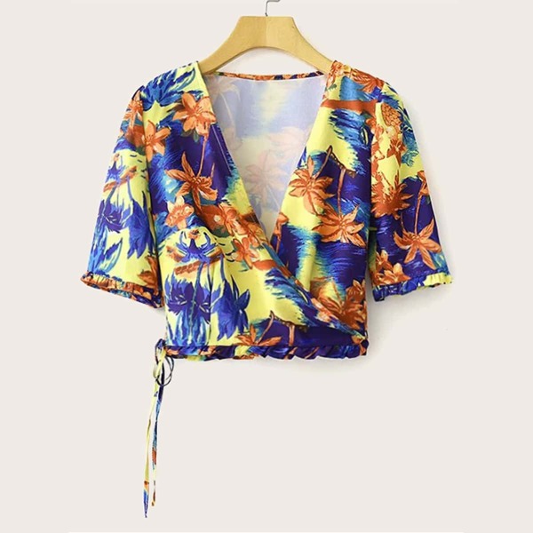 

Floral Print Knot Side Surplice Blouse