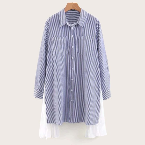 

Contrast Godet Dual Pockets Vertical-striped Shirt Dress
