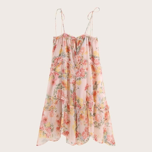 

Floral Print Frill Trim Knot Slip Dress