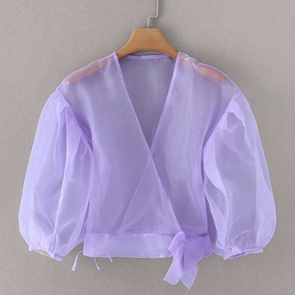 Sheer Mesh Tie Hem Wrap Blouse