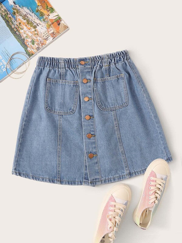 

Button Front Dual Pocket Denim Skirt, Blue