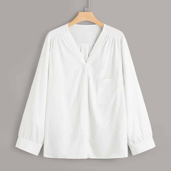 

Plus V-neck Pocket Blouse, White