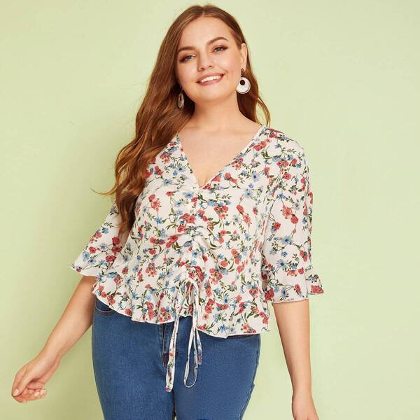 

Plus Ditsy Floral Print Drawstring Hem Blouse, Multicolor