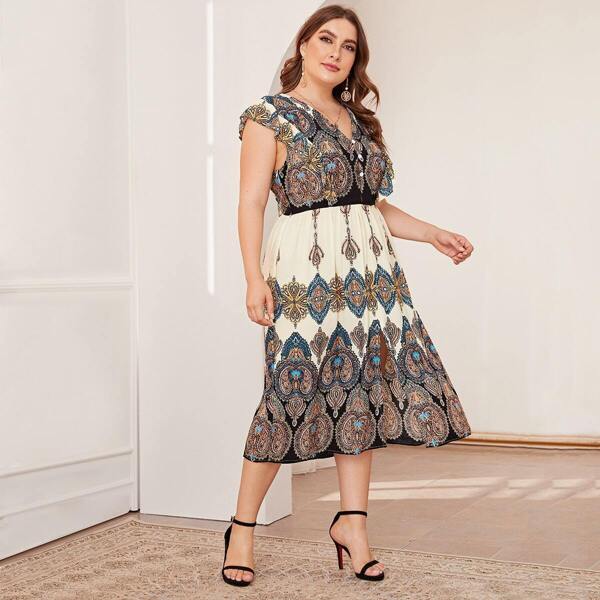 

Plus Tribal Print Split Front Dress, Multicolor