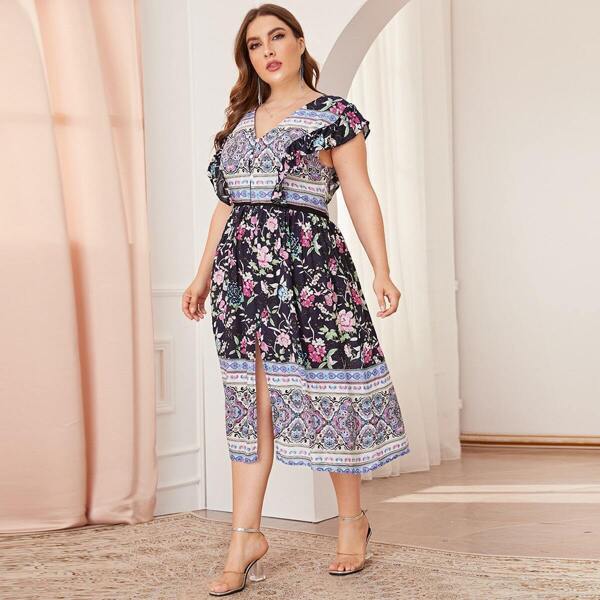 

Plus Floral Print Ruffle Split Dress