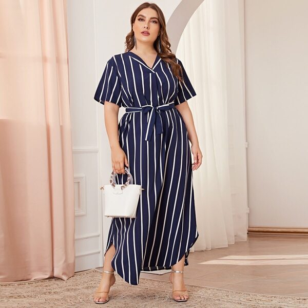 

Plus Curved Hem Striped Self Tie Dress, Navy