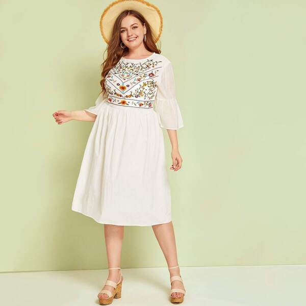 

Plus Floral Embroidered Flounce Sleeve Dress