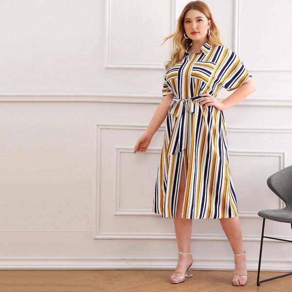 

Plus Striped Split Front Belt Dress, Multicolor
