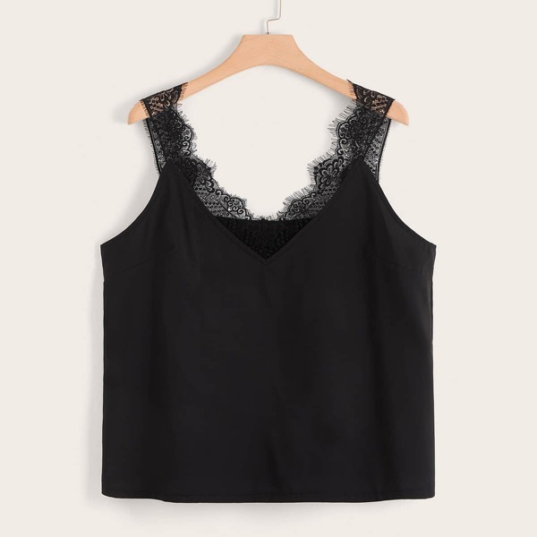 

Plus Contrast Lace Tank Top, Black