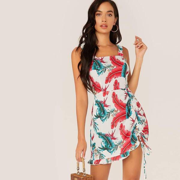 

Frill Strap Drawstring Ruffle Hem Jungle Leaf Print Dress, Multicolor
