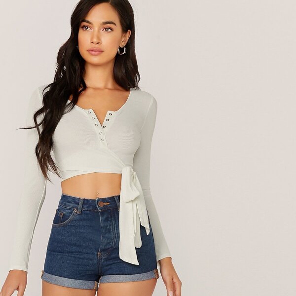 

Press Button Front Tie Hem Wrap Top