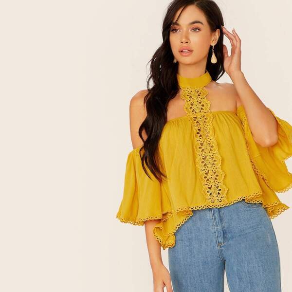 

Guipure Lace Trim Halter Top, Yellow bright