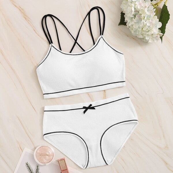 

Crisscross Back Rib Lingerie Set, White