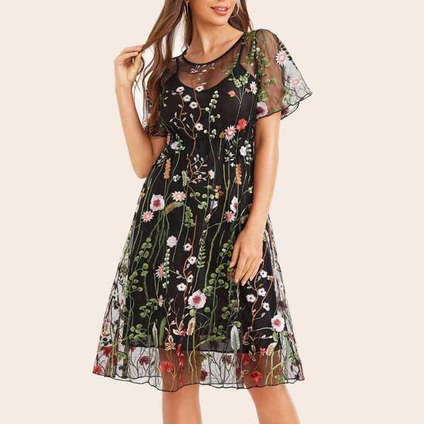 

Floral Embroidered Mesh Dress With Cami Dress, Black