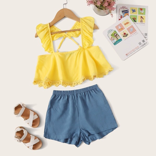 

Toddler Girls Lace Trim Ruffle Strap Top & Shorts Set