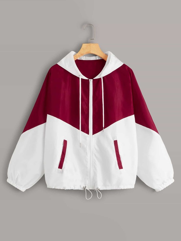 

Two Tone Zip Up Drawstring Hooded Jacket, Multicolor