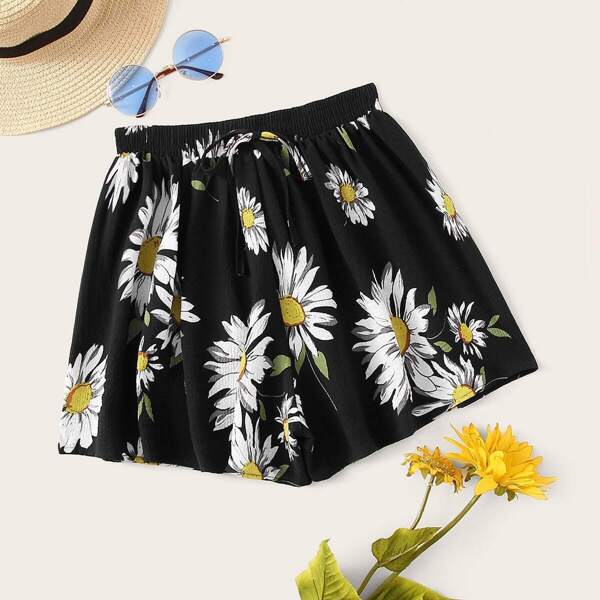 

Flower Print Drawstring Waist Shorts, Black
