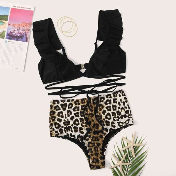 

Ruffle Trim Criss Cross Top With Leopard Bikini