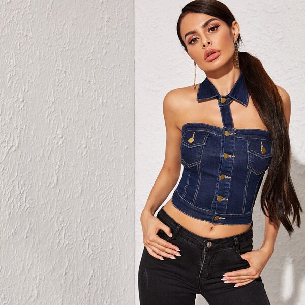 

Button Front Flap Pocket Slim Denim Top, Navy