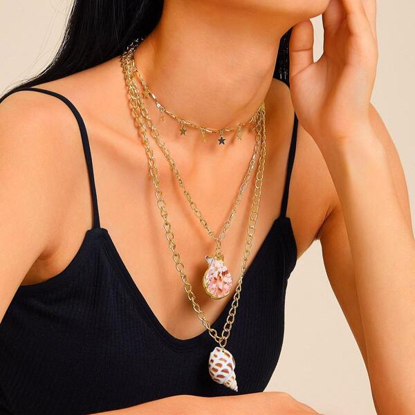

Star & Shell Pendent Layered Chain Necklace 1pc