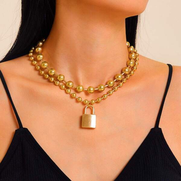 

Lock Charm Beaded Necklace 2pcs