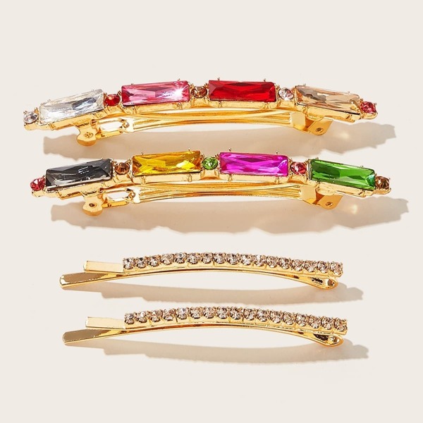 

Rhinestone & Gemstone Engraved Hair Clip 4pcs, Multicolor