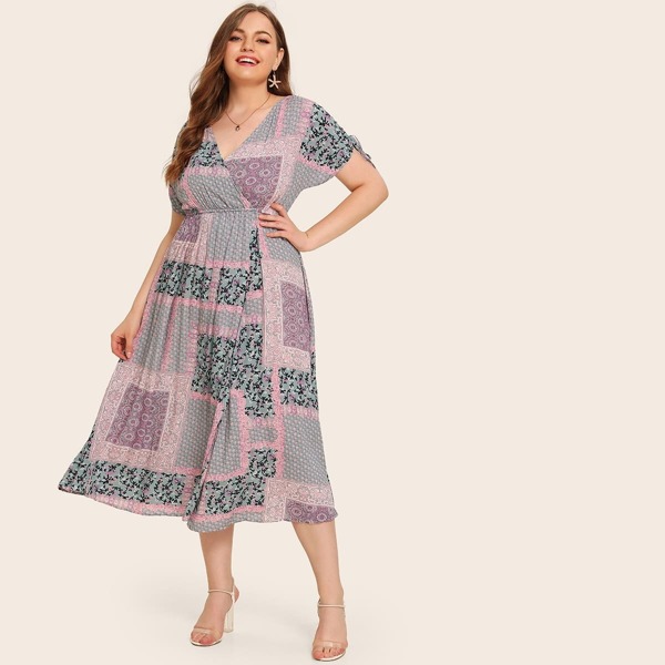 

Plus Scarf Print Patchwork Drawstring Cuff Dress