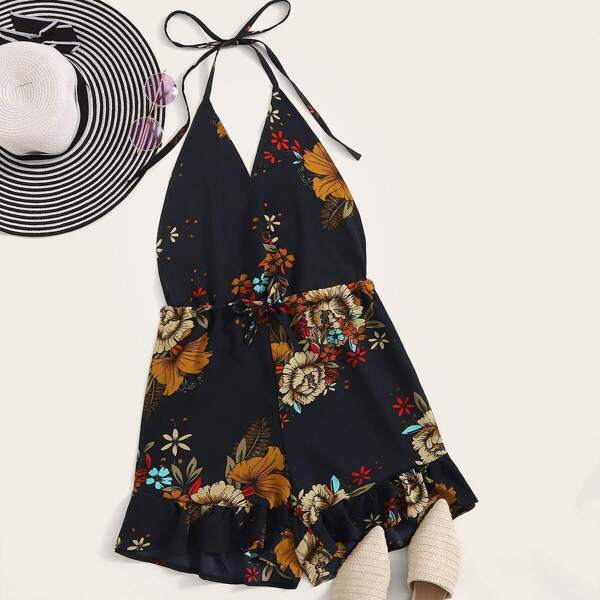 

Floral Print Drawstring Waist Halter Romper