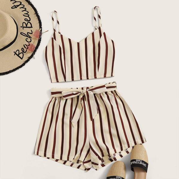 

Striped Shirred Back Cami Top With Belted Shorts