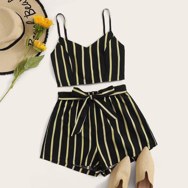 

Striped Shirred Back Cami Top With Belted Shorts
