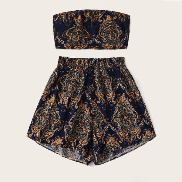 

Plus Paisley Print Tube Top With Shorts