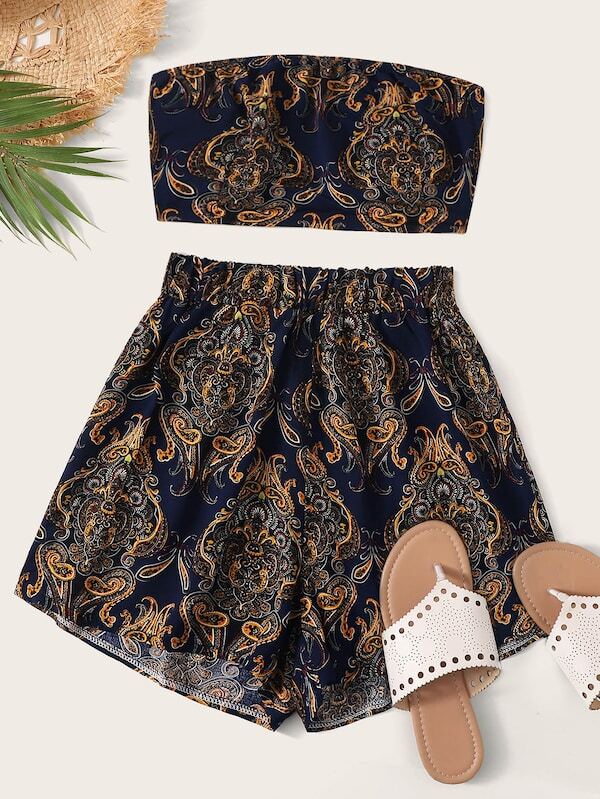 

Plus Paisley Print Tube Top With Shorts, Multicolor