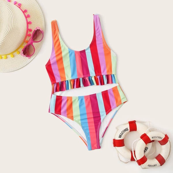 

Girls Colorblock Striped Frill Hem Bikini Set