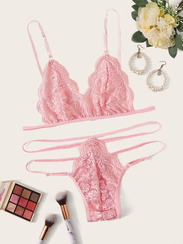 

Plus Floral Lace Lingerie Set, Pink