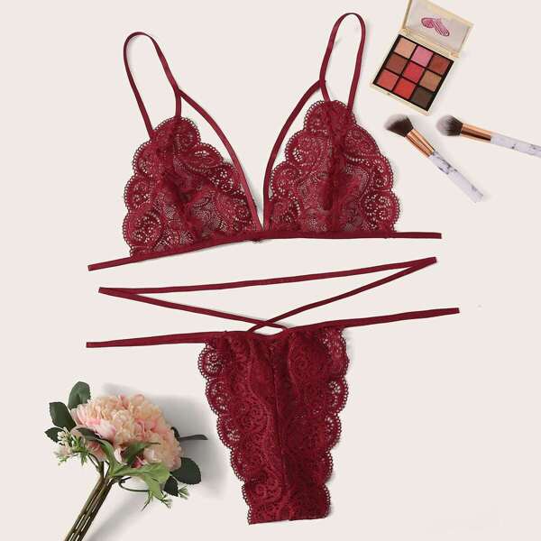 

Plus Floral Lace Harness Lingerie Set, Burgundy