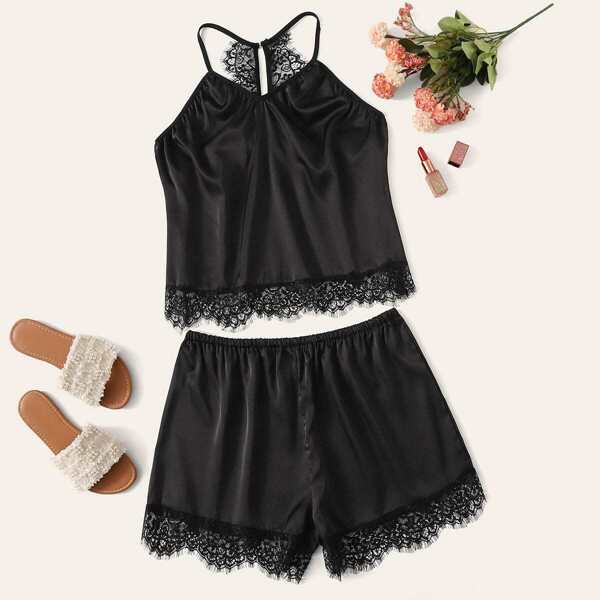 

Plus Lace Trim Satin Cami Top With Shorts Pajama Set
