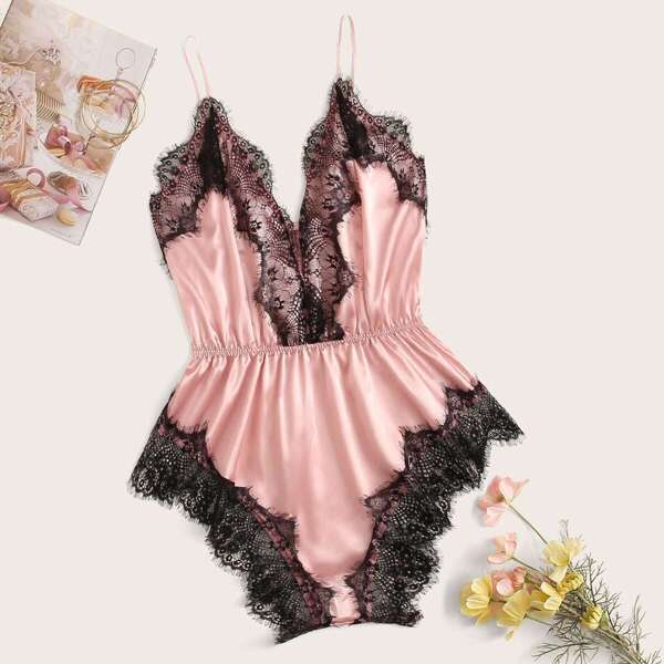 

Plus Lace Trim Satin Romper Bodysuit