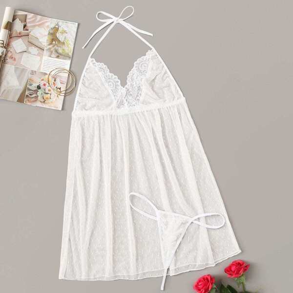 

Plus Floral Lace Halter Slips With Thong