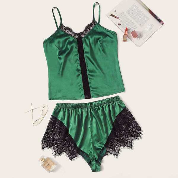 

Plus Lace Trim Satin Cami Top With Panty, Green