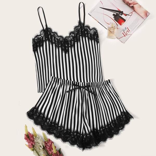 

Plus Striped Lace Trim Cami Top With Shorts